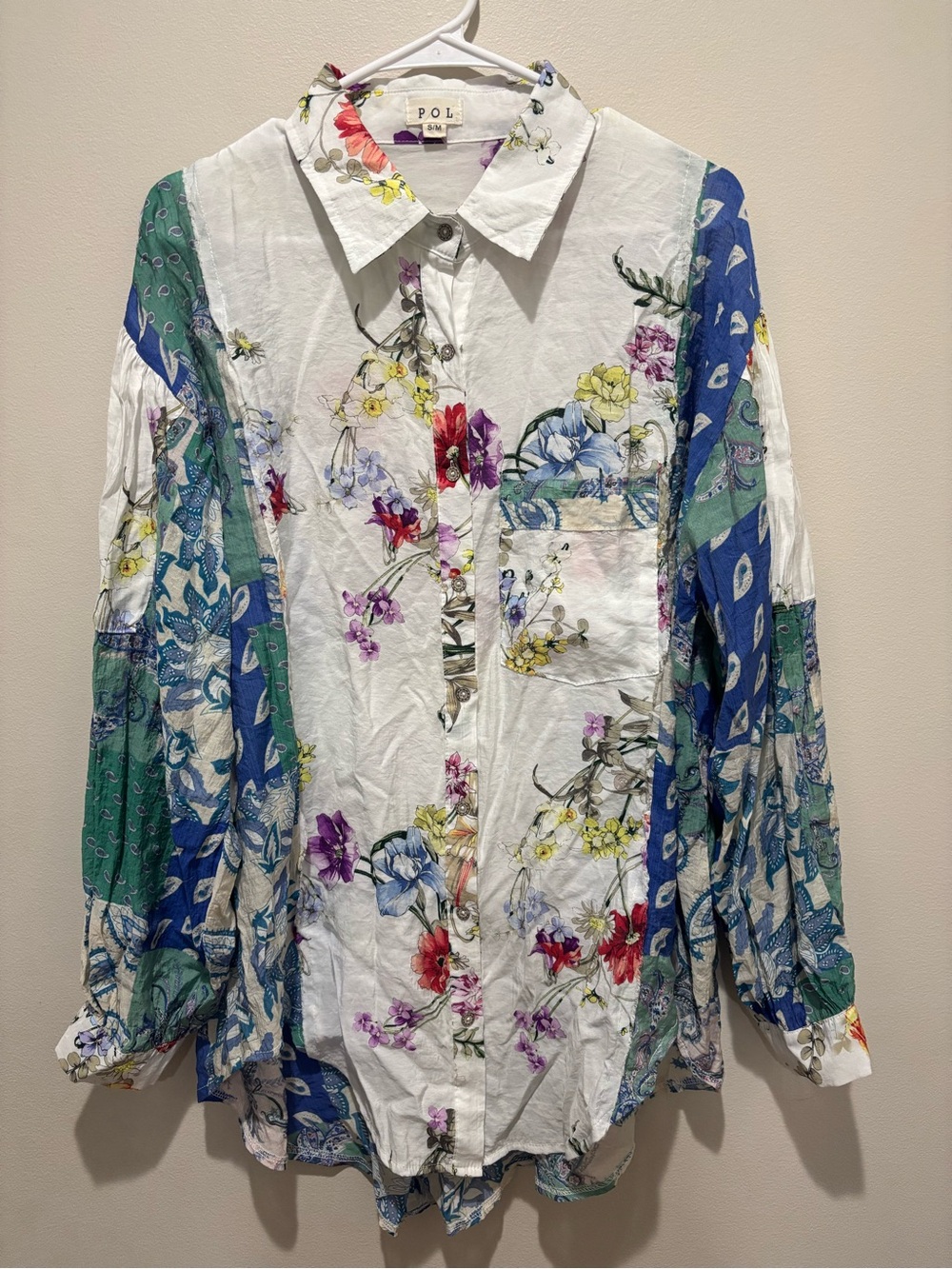 POL Paisley Patchwork Floral Button Down Shirt Colorful Whimsical Boho Botanical